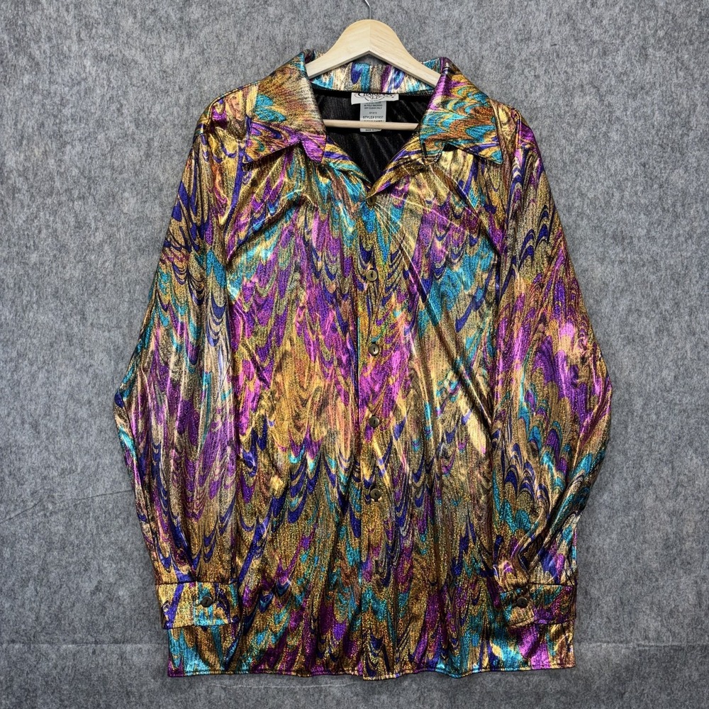 Charades Disco Shirt Men Large Vintage Metallic Foil Psychedelic Sheer Vintage